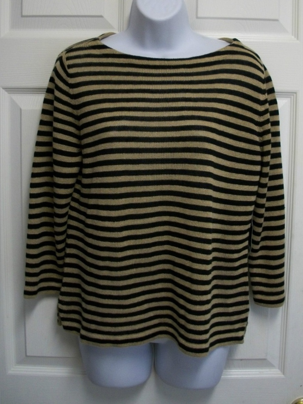 Ralph Lauren Black and Tan Striped Long-Sleeve Boatneck 100% Linen Sweater XSP